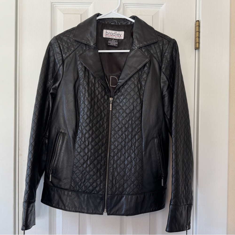 Bradley Bayou Black Genuine Leather Quilted Moto Jacket‎ Small Zip Front